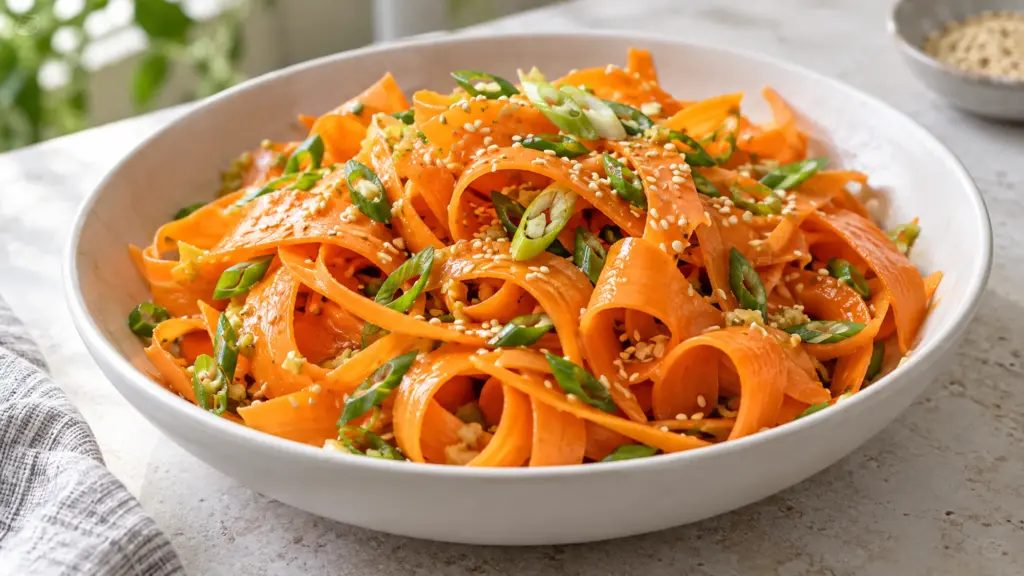Carrot ribbon salad with scallions and sesame in a white bowl