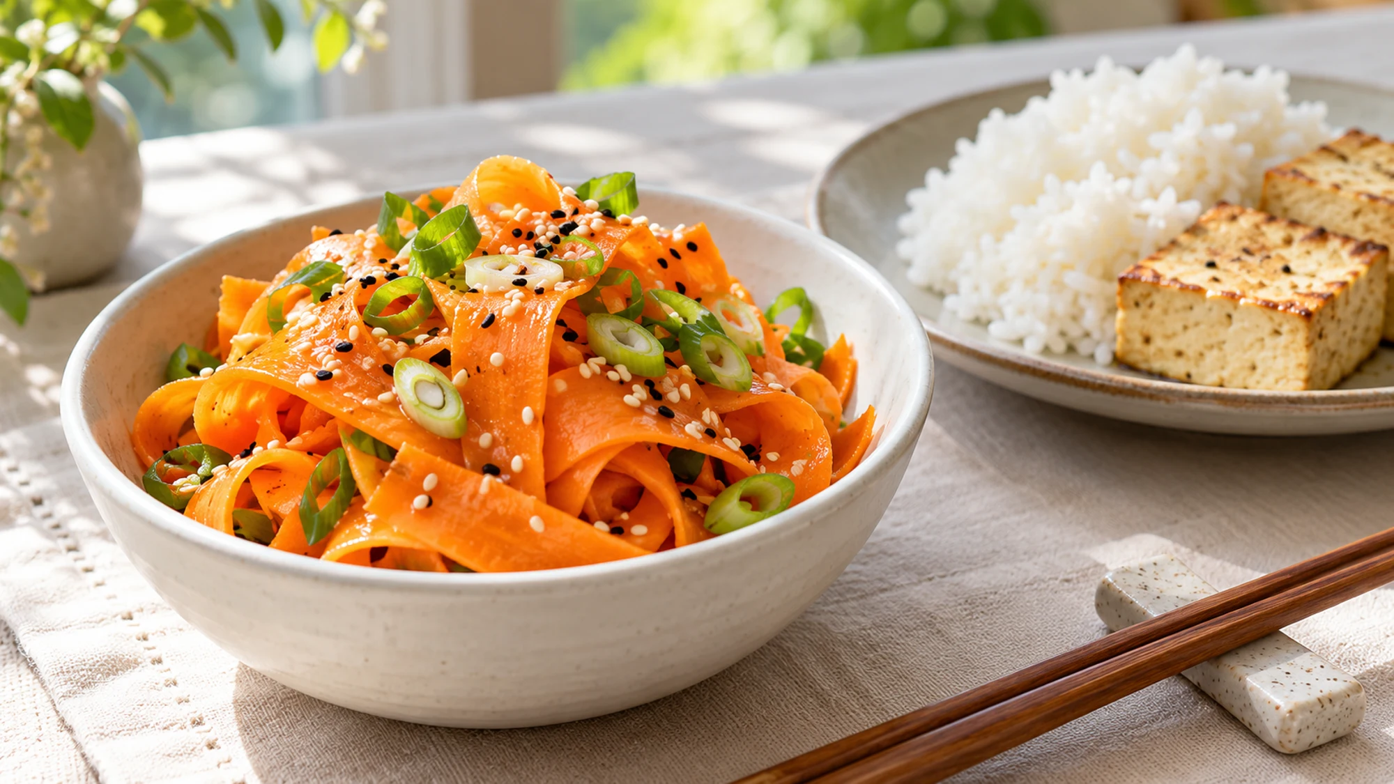 Carrot ribbon salad served with rice and tofu