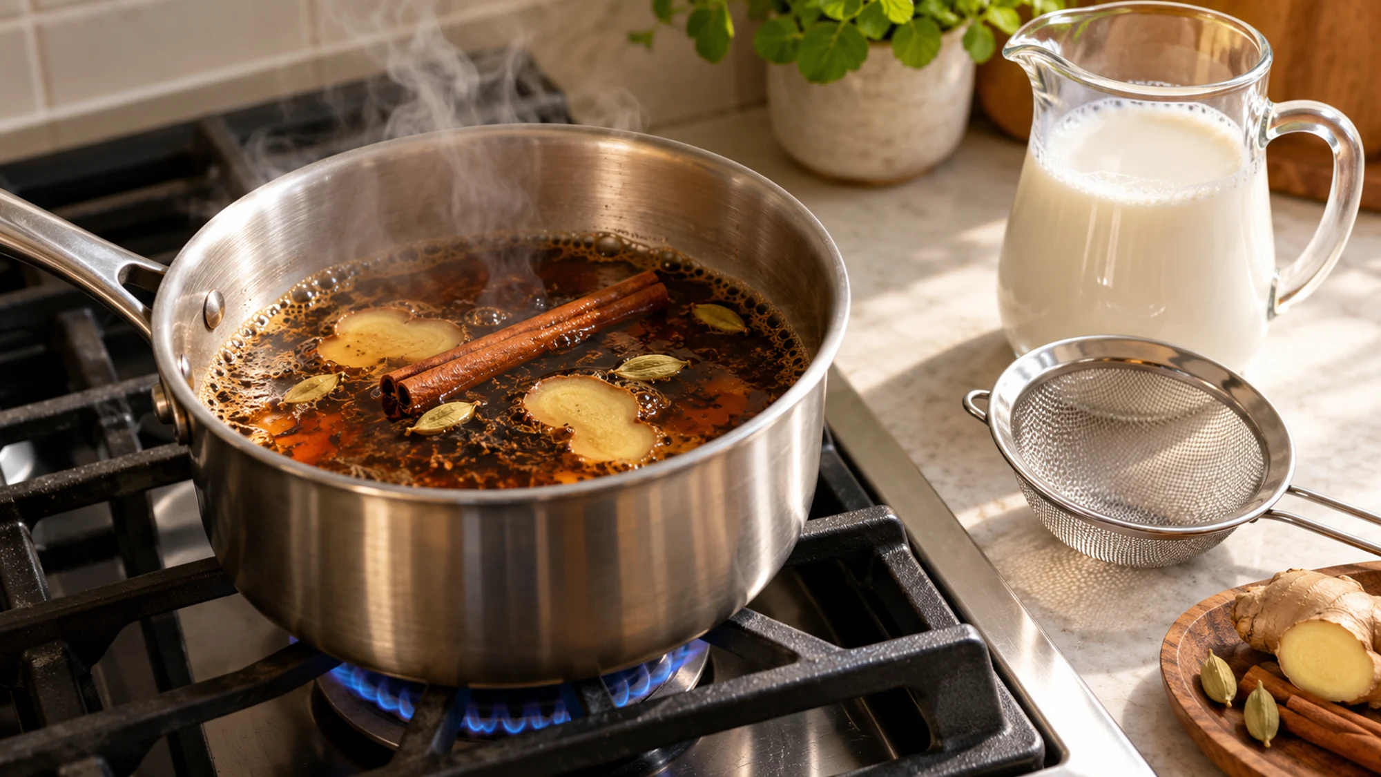 Spiced black tea brewing in a saucepan for chai latte