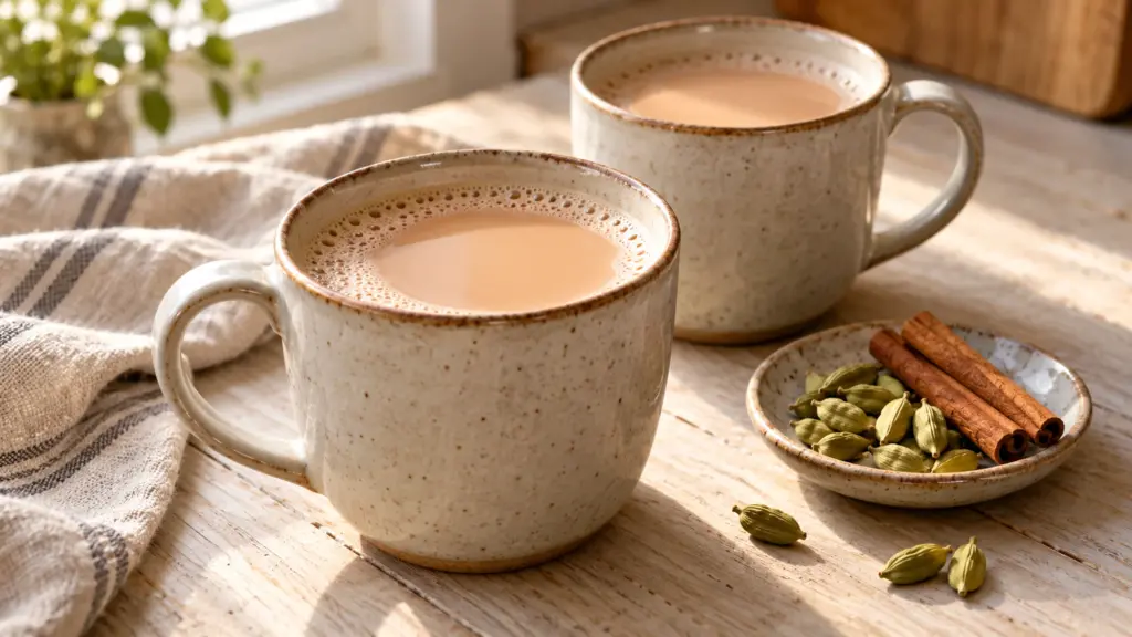 Chai latte in two mugs with cinnamon and cardamom