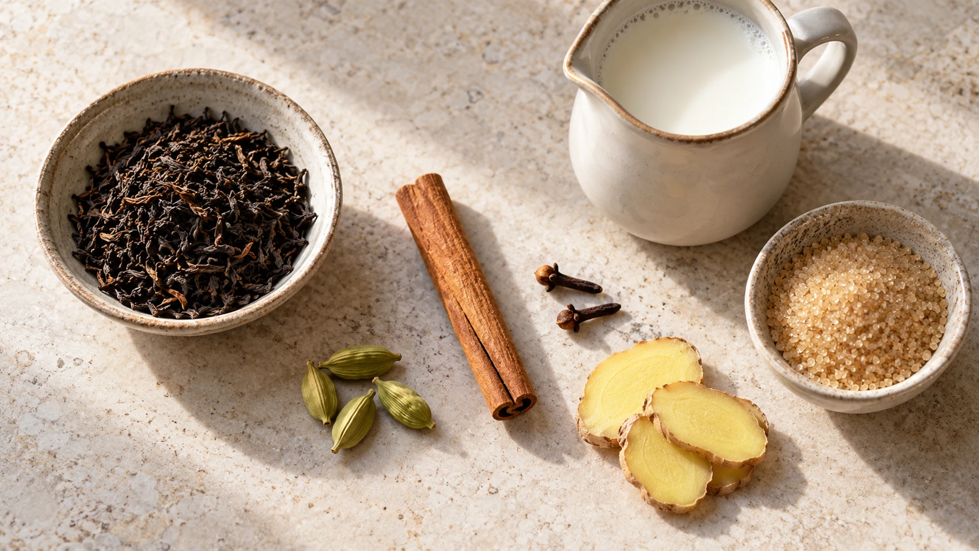Black tea, milk, ginger, cinnamon, cloves, cardamom and sugar