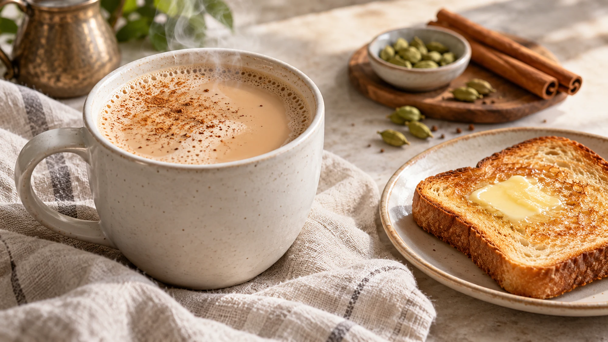 Chai latte served with toast at breakfast