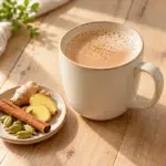 Mug of chai latte with a thin layer of milk foam