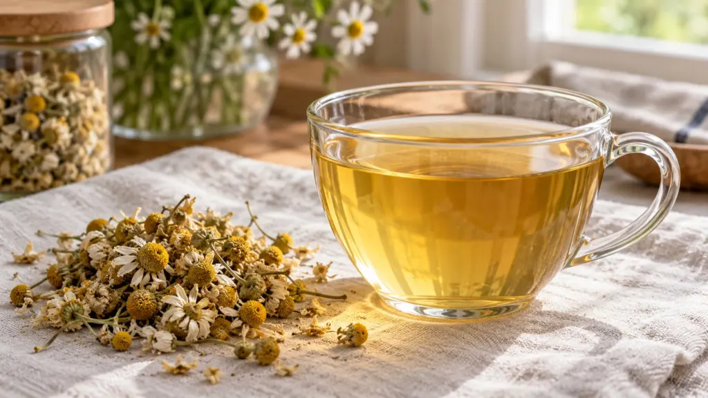 Chamomile tea benefits guide: golden tea beside dried chamomile flowers