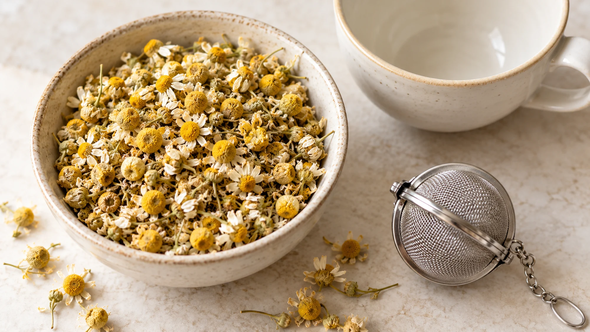 Chamomile tea benefits guide: dried flowers with a mesh tea infuser