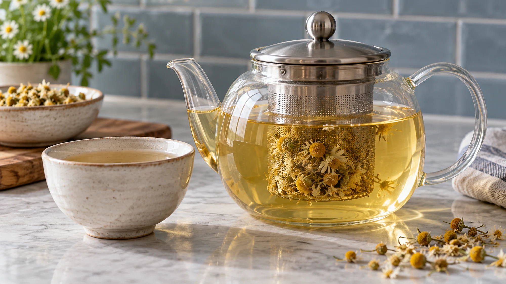 Chamomile tea benefits guide: flowers steeping in a glass teapot