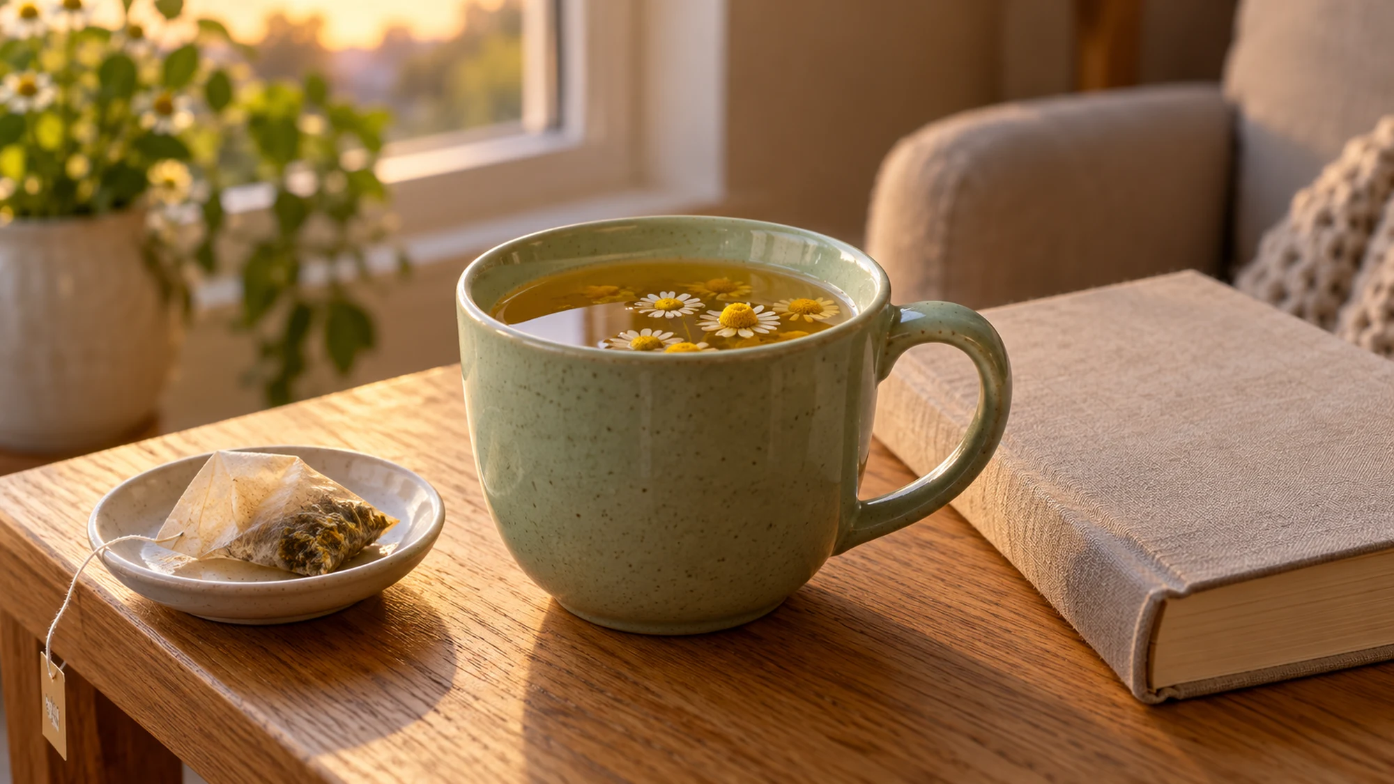 Chamomile tea benefits guide: an evening cup beside a closed book