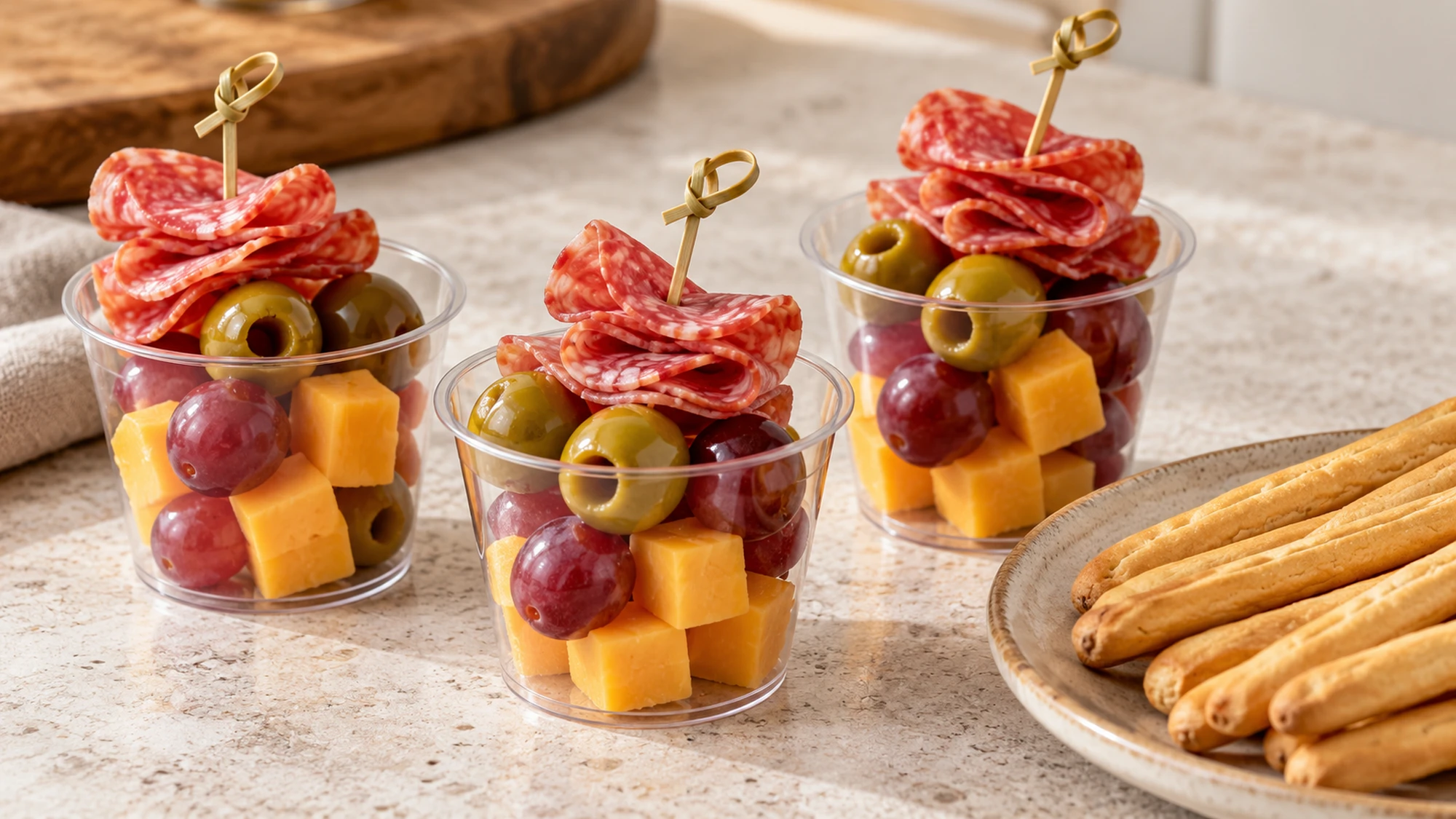 Partly assembled charcuterie cups with breadsticks kept separately
