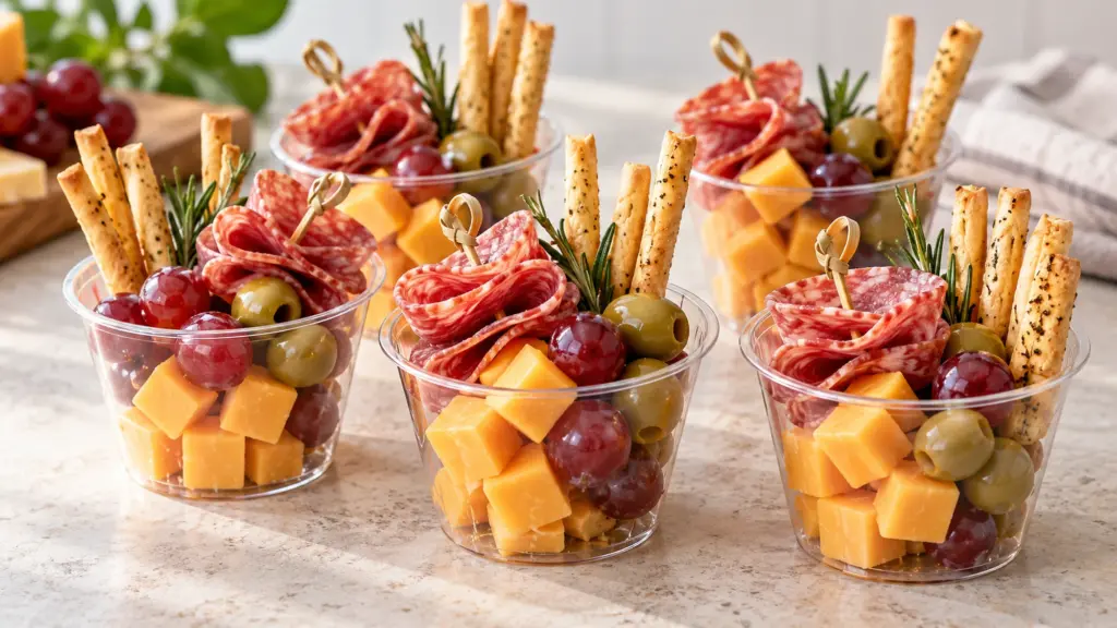 Charcuterie cups with salami, cheddar, grapes, olives and breadsticks