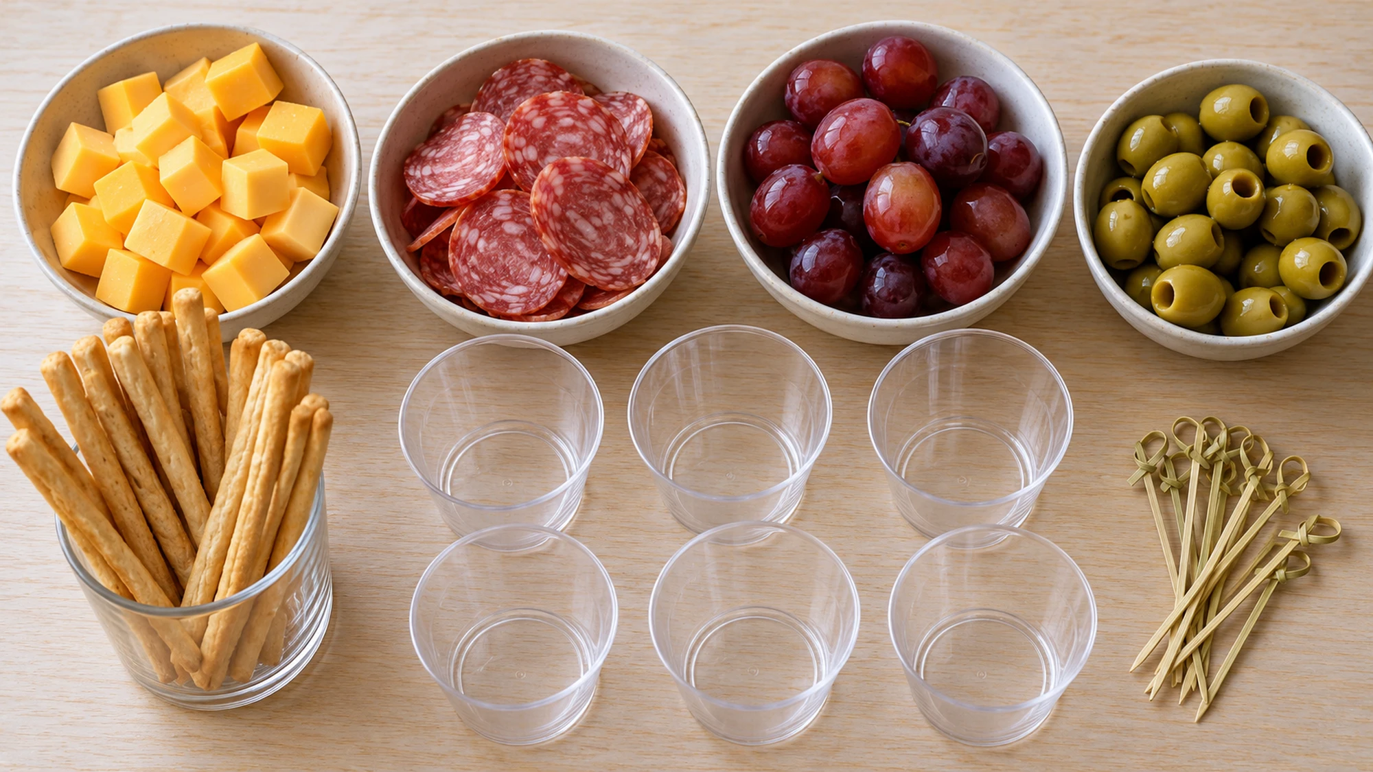 Cheddar, salami, grapes, olives and breadsticks arranged for charcuterie cups
