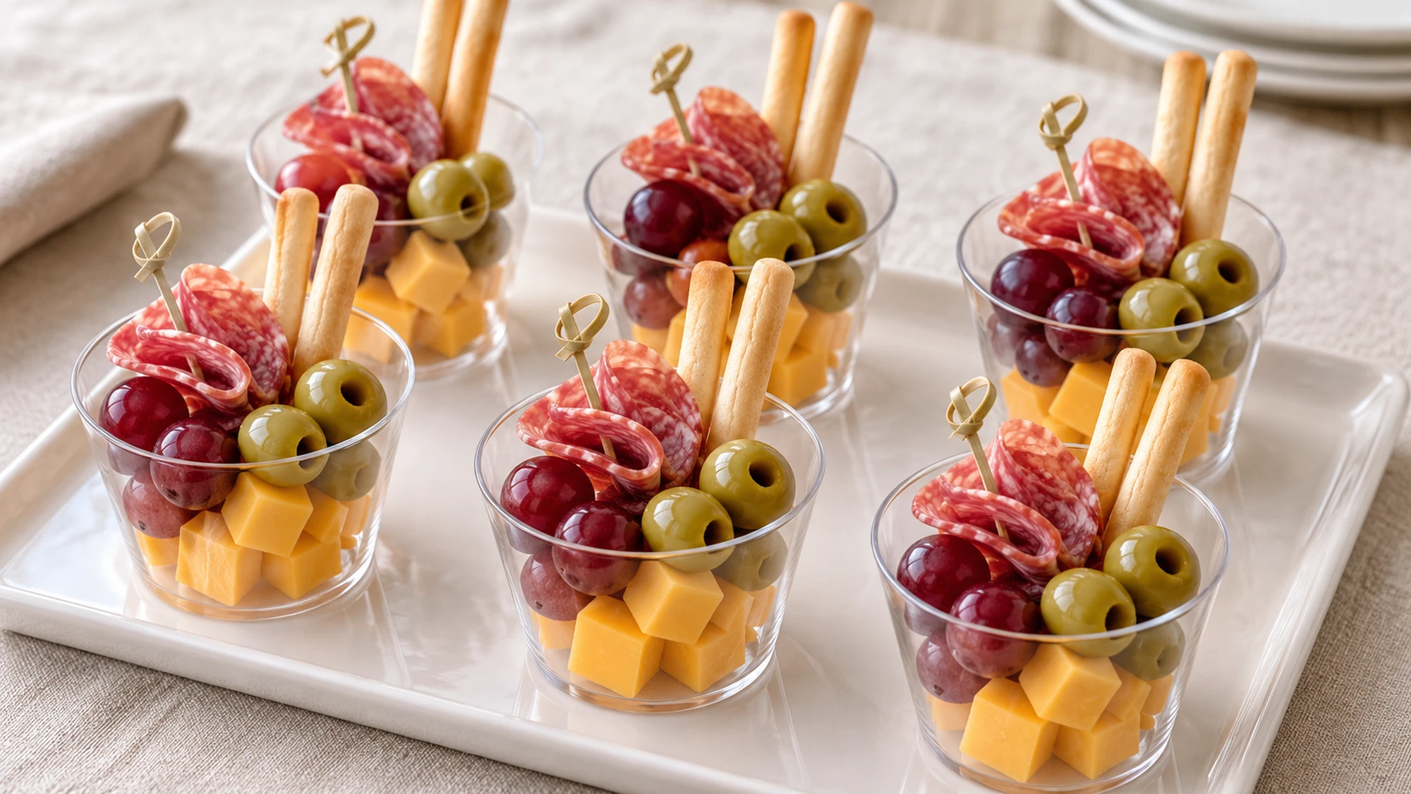 Six charcuterie cups arranged on a serving tray