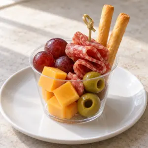 One charcuterie cup with cheese, salami, grapes, olives and breadsticks