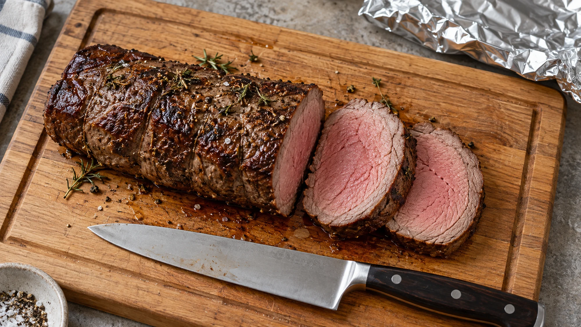 Cooked chateaubriand roast with two slices and a carving knife on a wooden board