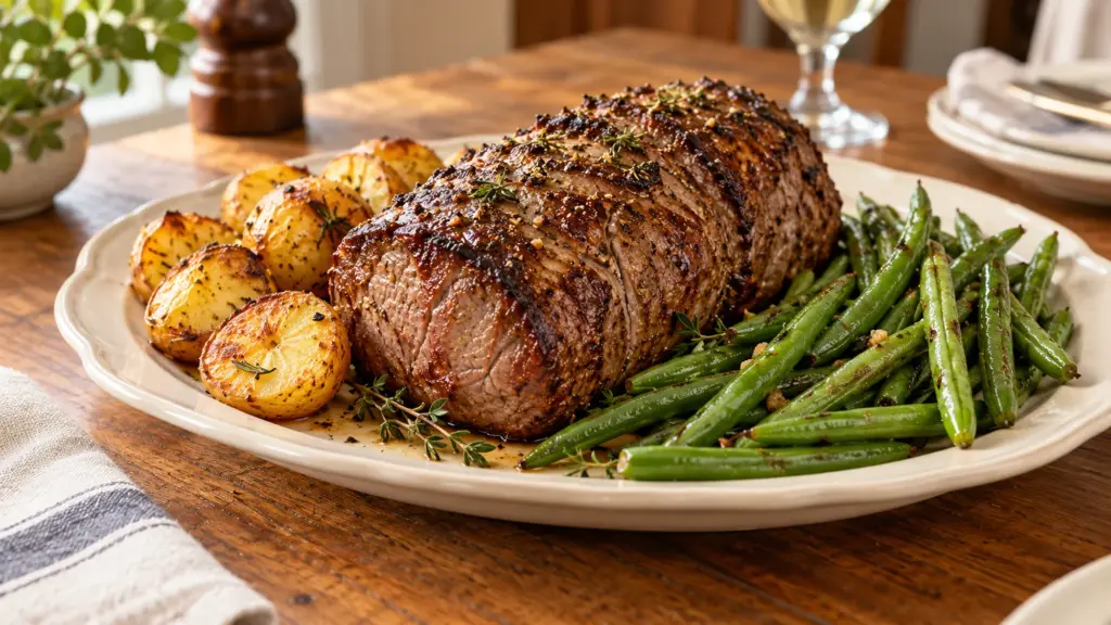 Browned chateaubriand tenderloin roast on a platter with roasted potatoes and green beans