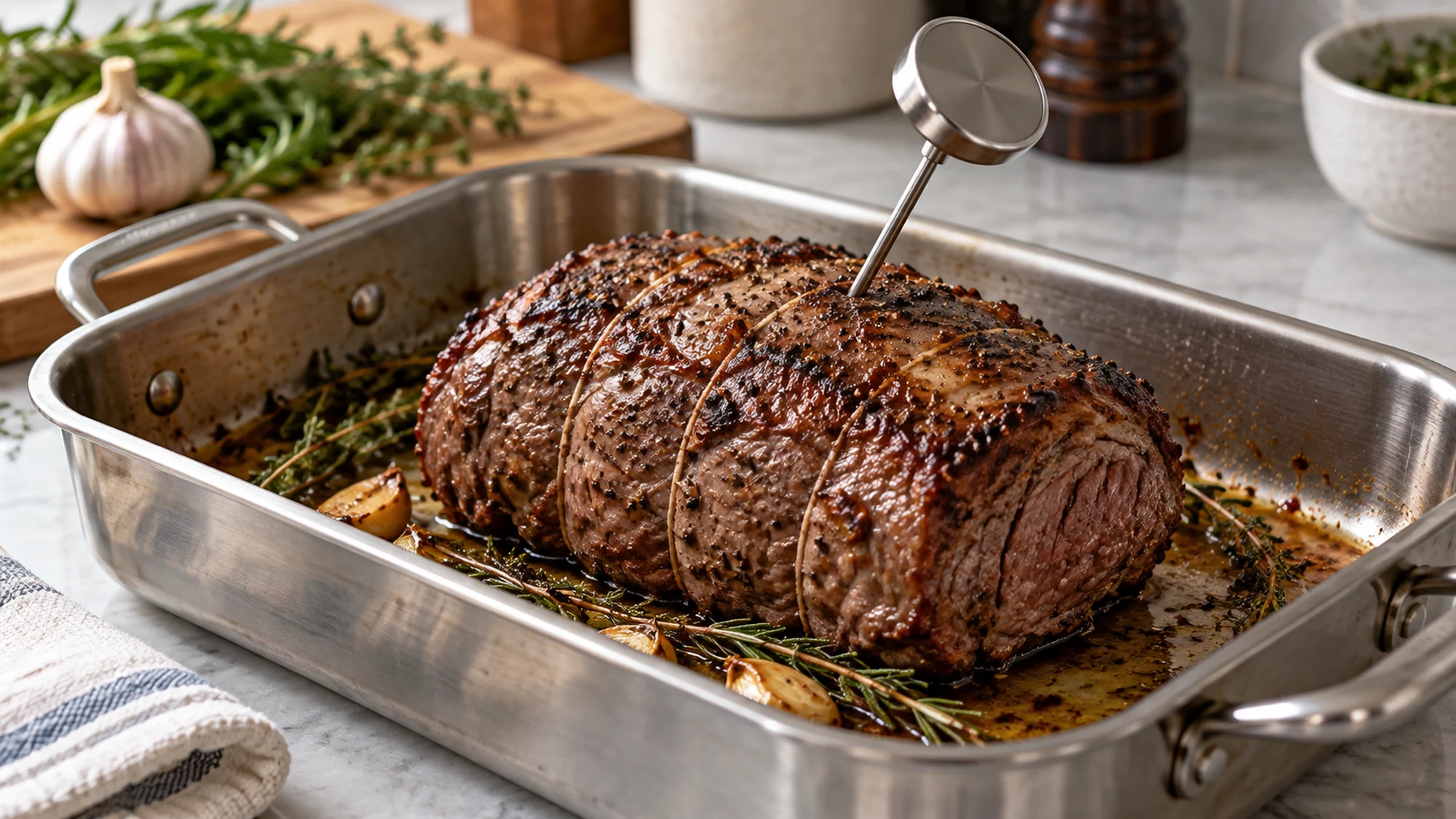 A meat thermometer inserted into the thick center of a browned chateaubriand roast