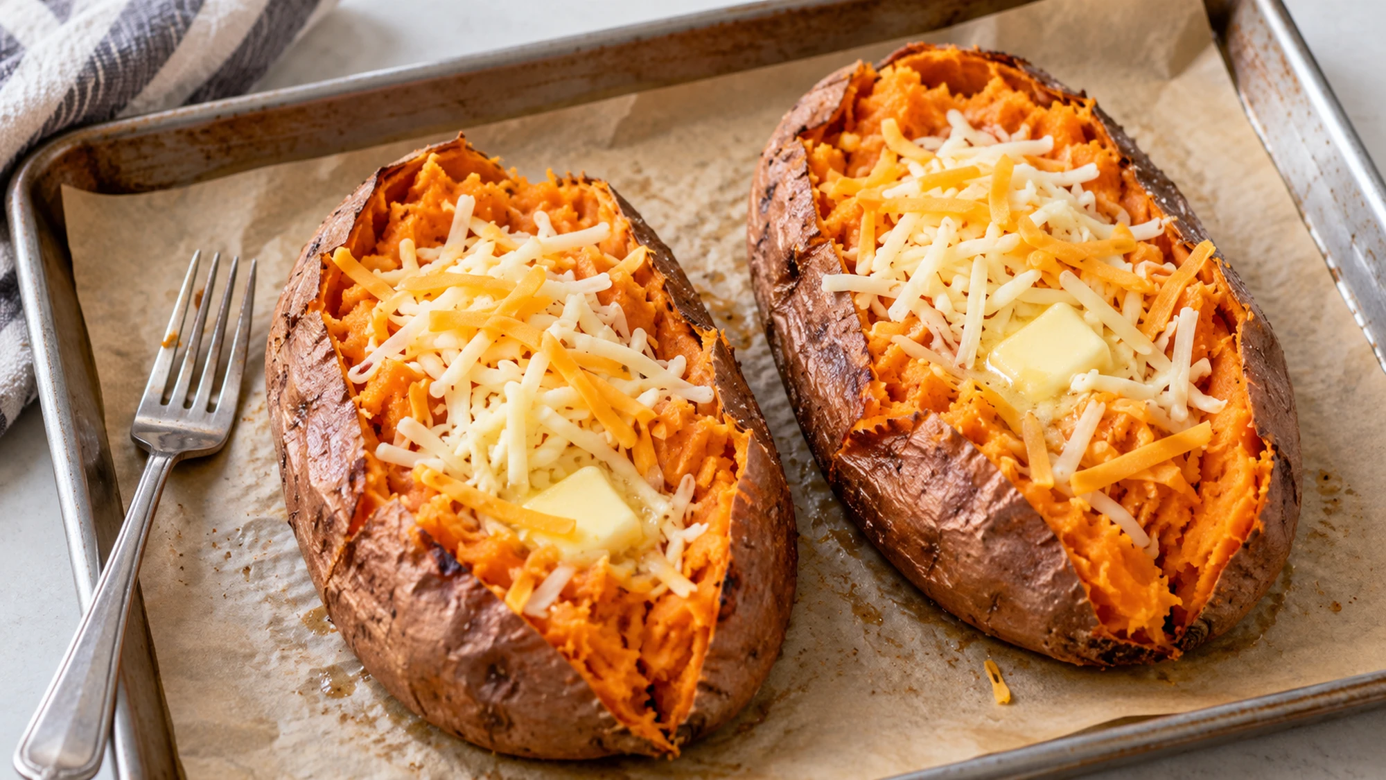 Split baked sweet potatoes topped with grated cheese before melting