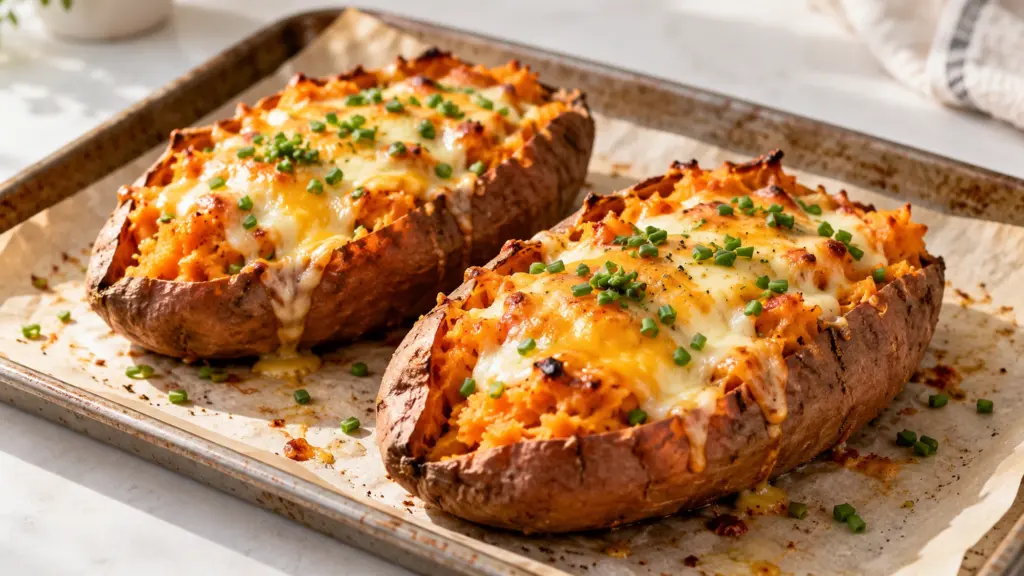 Roasted sweet potatoes filled with melted cheddar and mozzarella