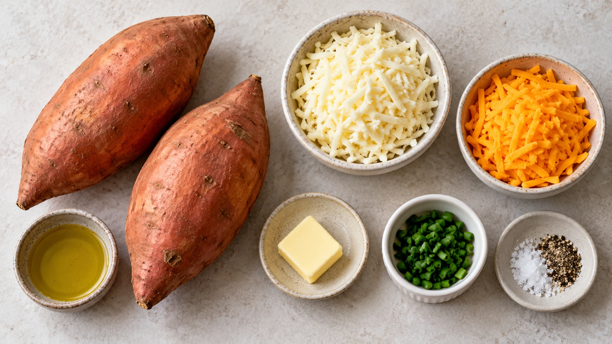 Sweet potatoes, cheddar, mozzarella, butter, oil and chives