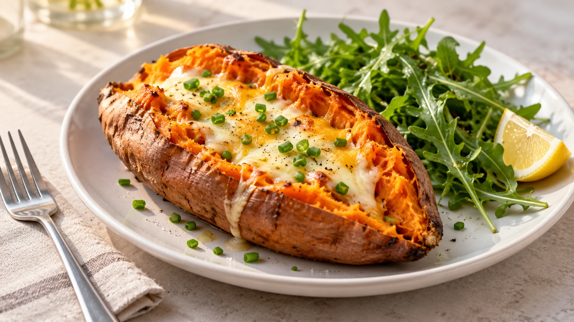 Cheese stuffed sweet potato served with greens and lemon