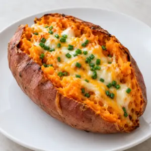 Cheese stuffed sweet potato with melted cheddar, mozzarella and chives