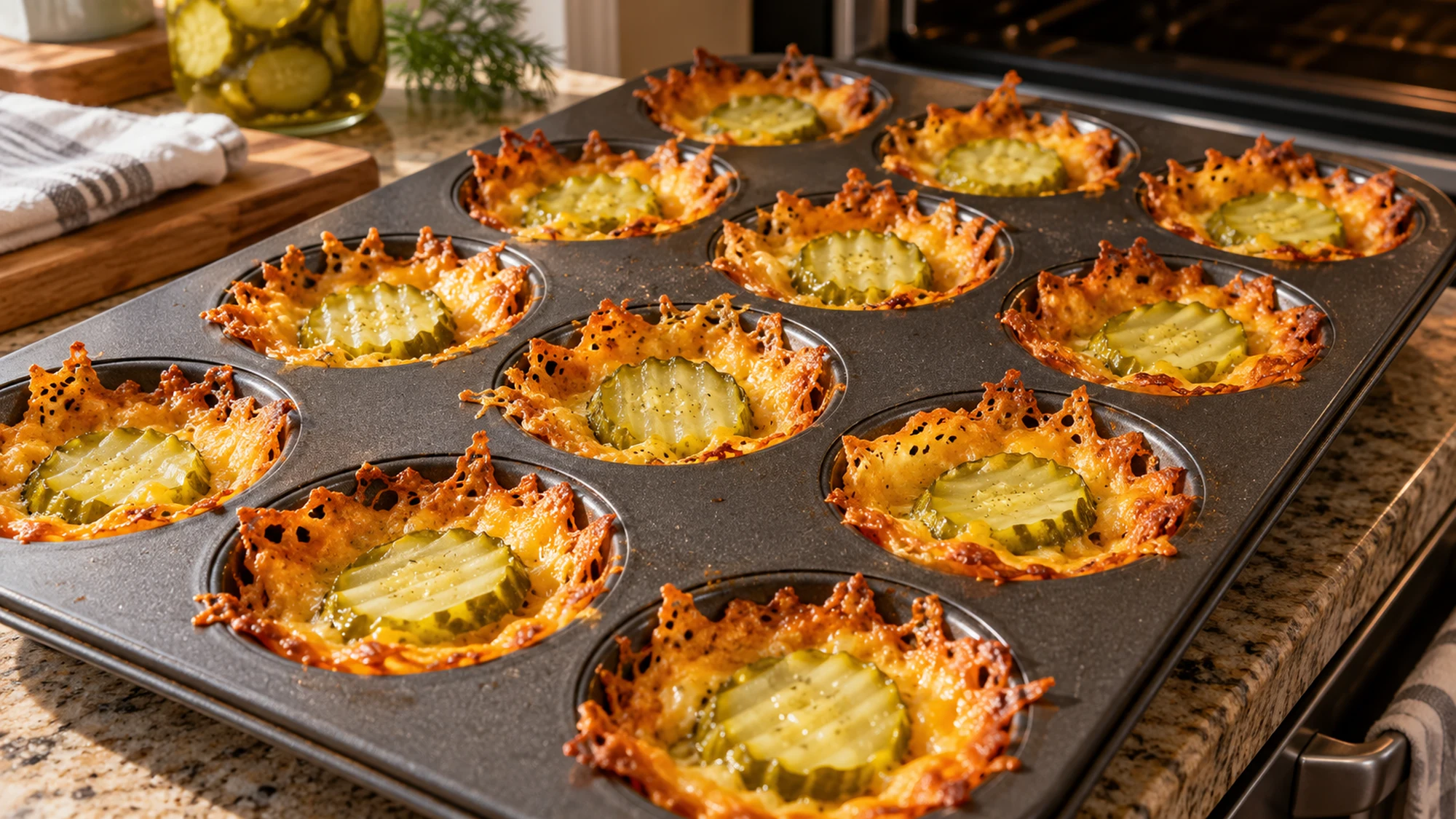 cheesy pickle chips during cooking in the pan
