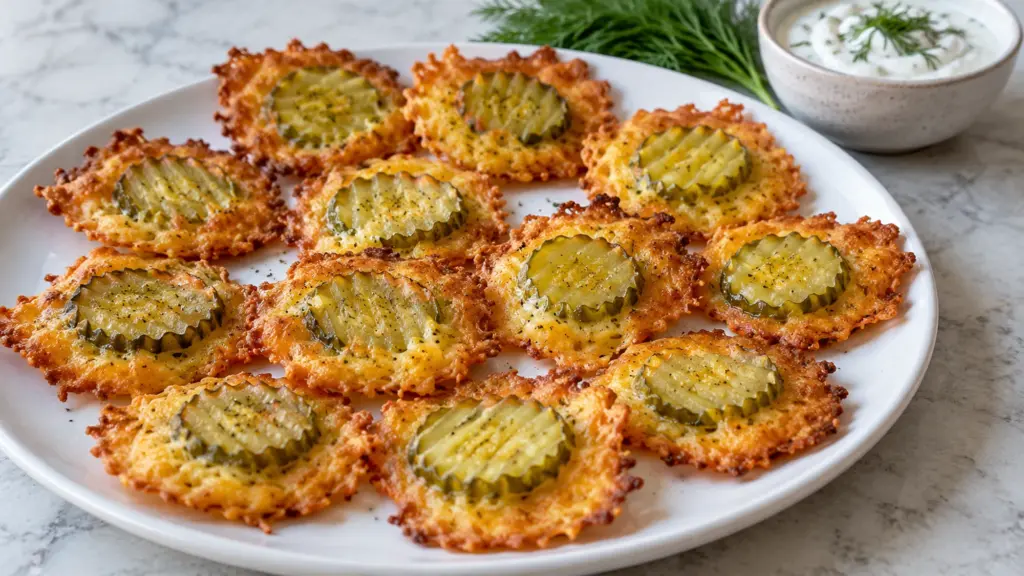 Cheesy pickle chips with ridged dill centers and golden cheddar edges