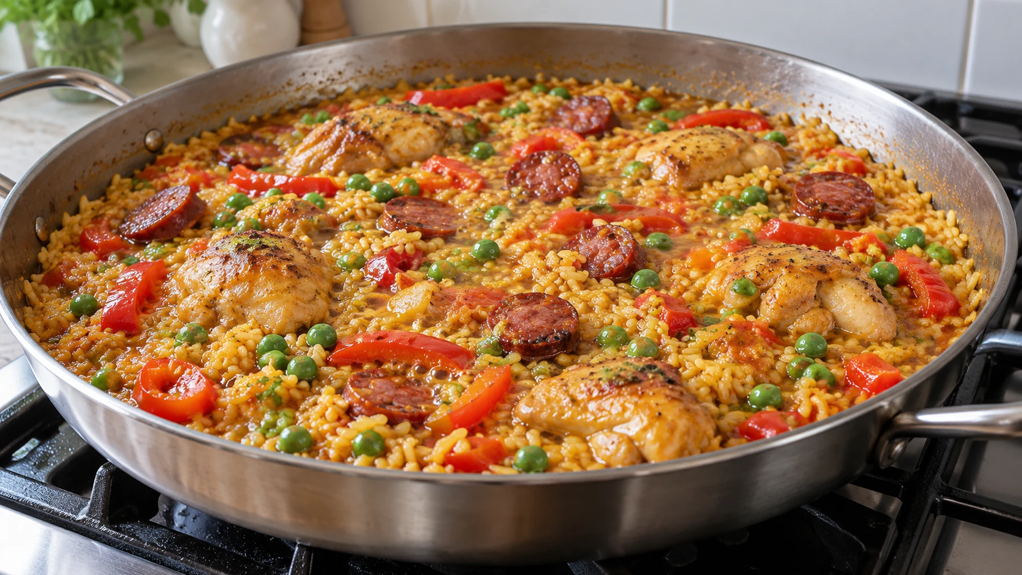 chicken and chorizo paella cooking in the pan