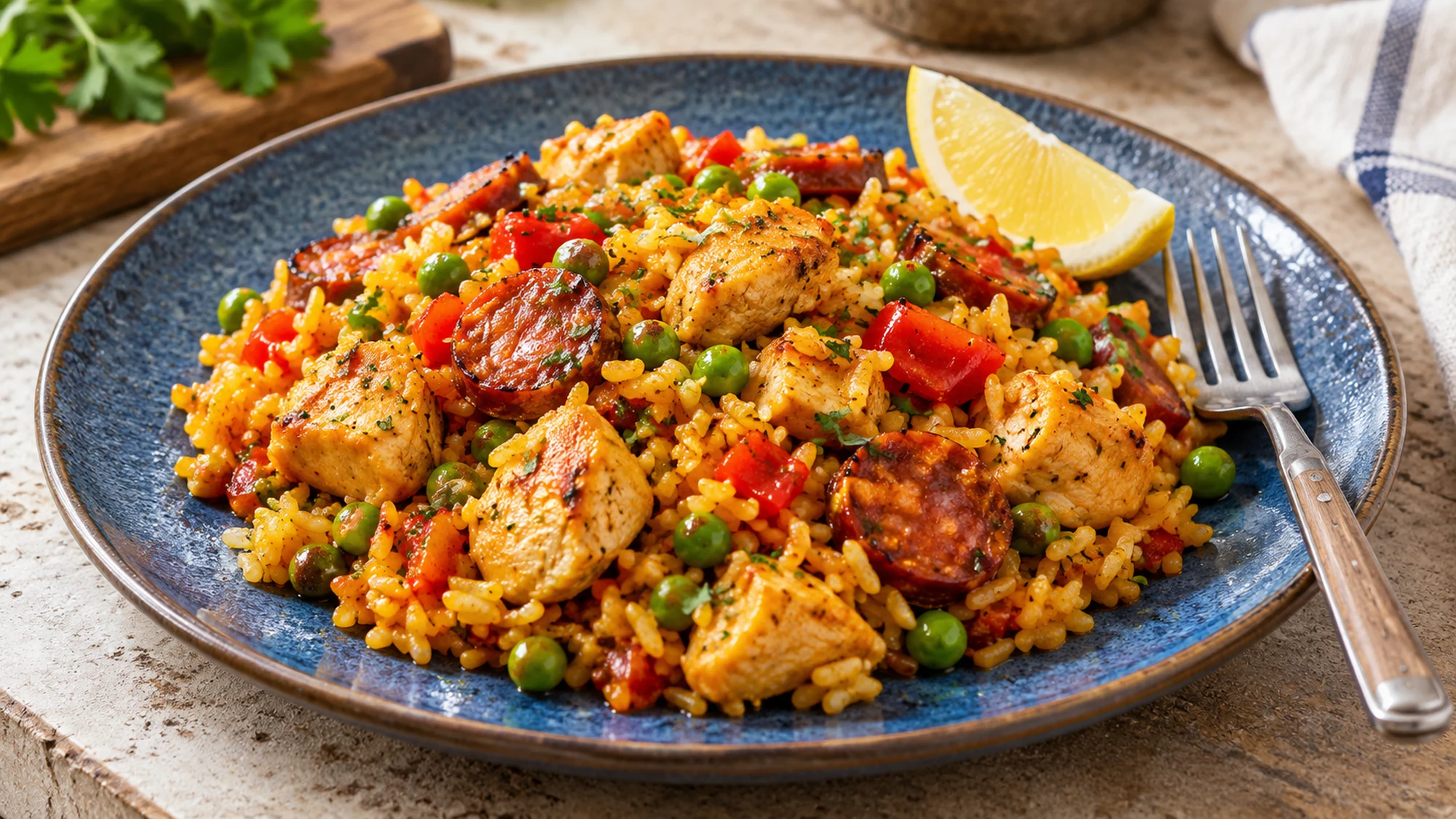chicken and chorizo paella served as an individual portion