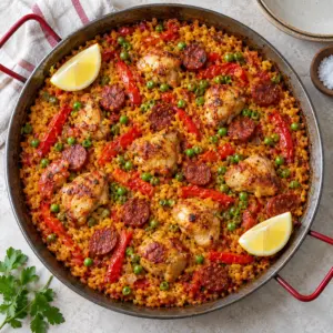 chicken and chorizo paella ready to serve