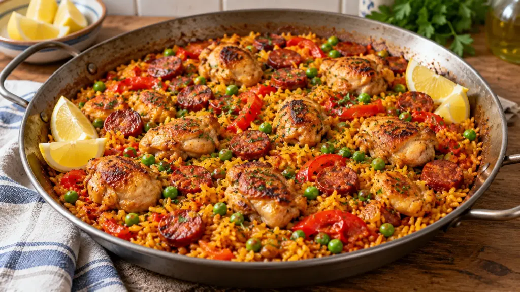 chicken and chorizo paella in its serving dish