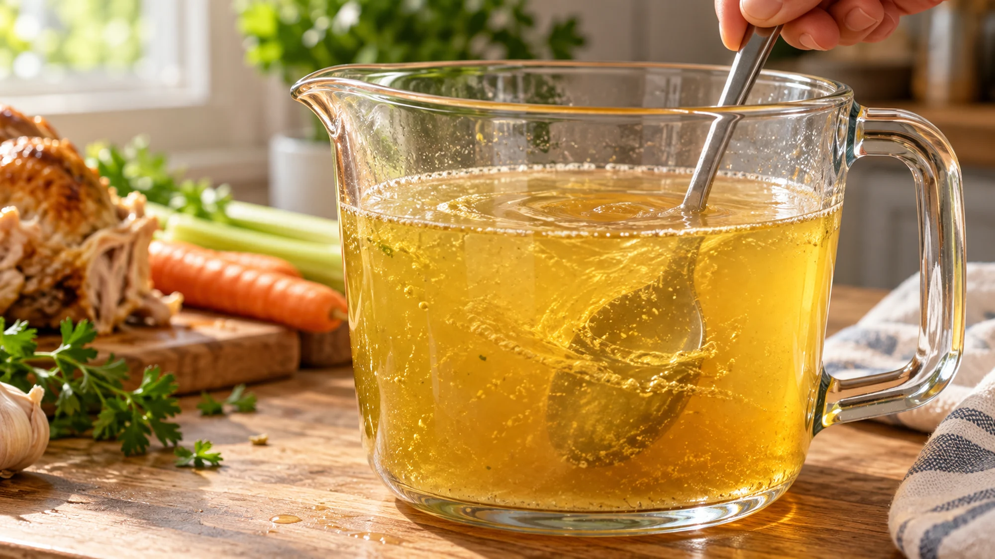 Chicken bouillon dissolving in a glass jug of warm water