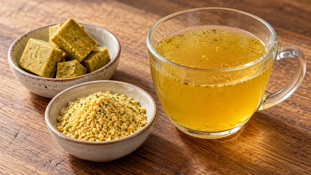 Chicken bouillon cubes and granules beside golden broth