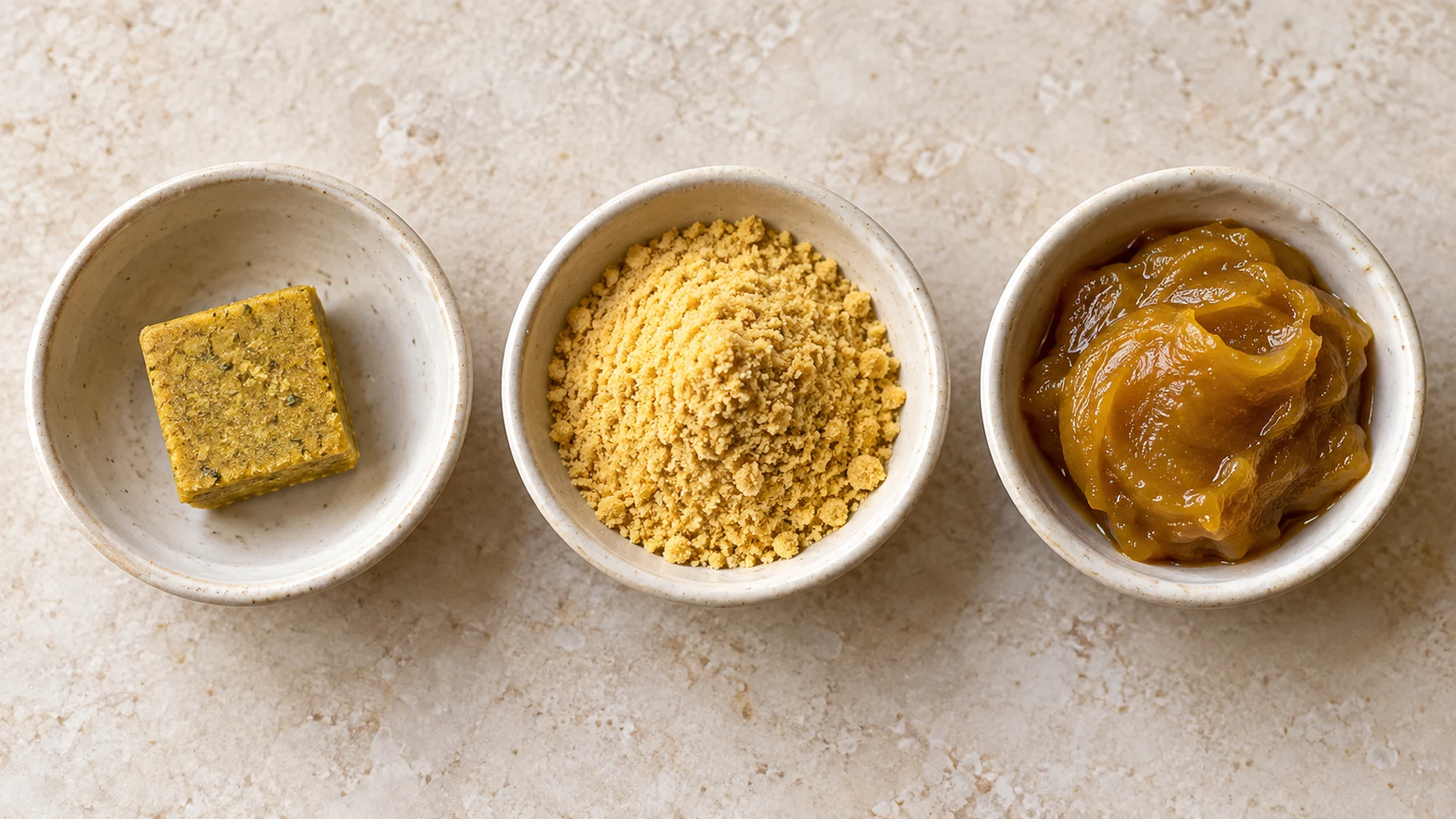 Chicken bouillon cube, powder and paste in separate dishes