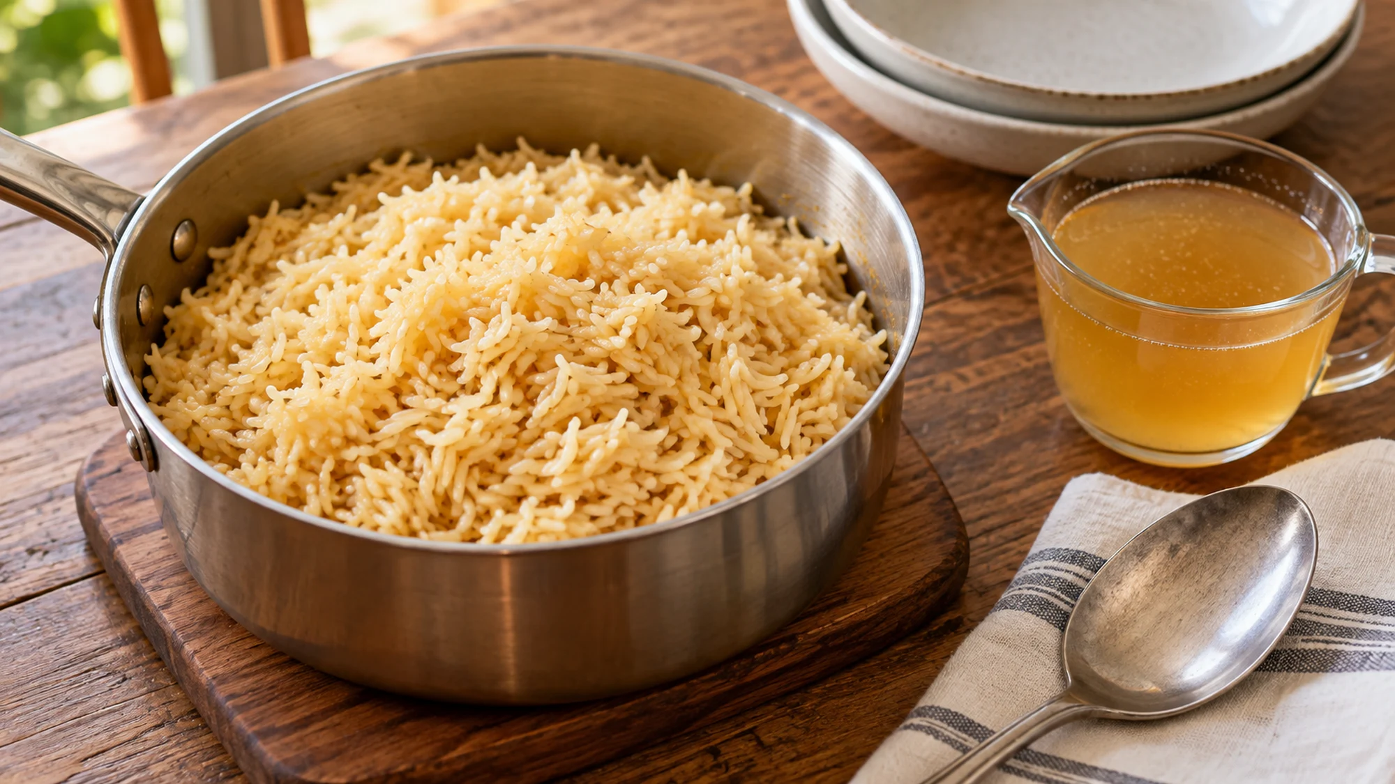 Golden rice beside a cup of chicken bouillon broth