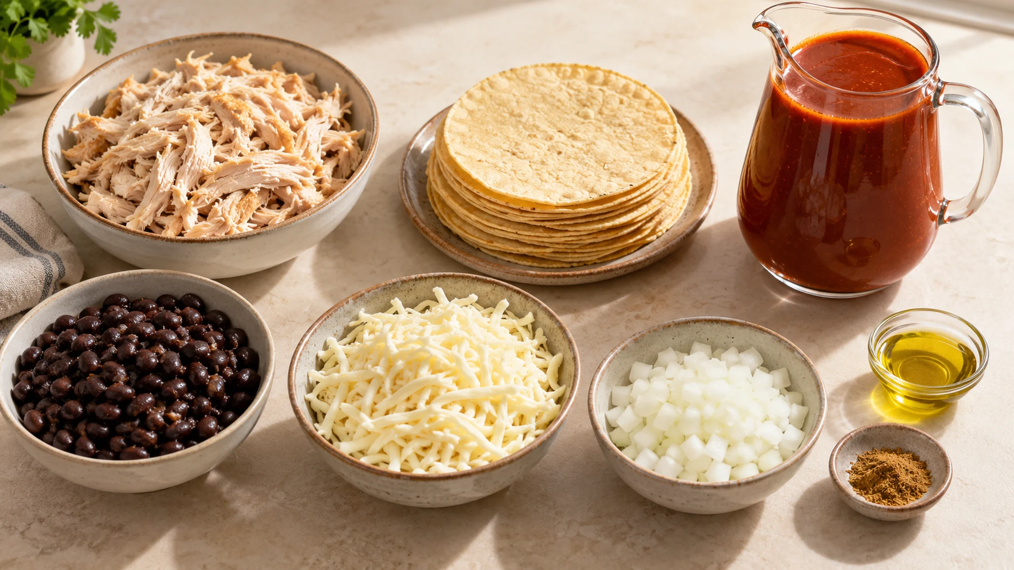 chicken enchilada casserole ingredients arranged before cooking