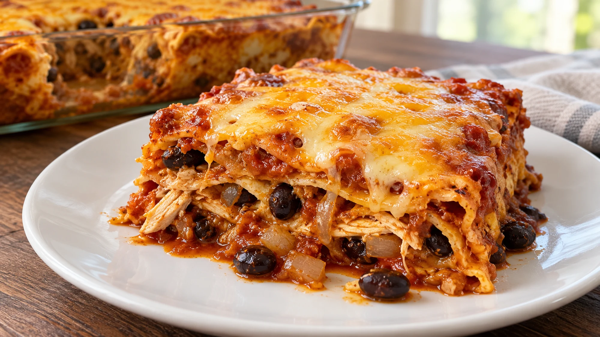 chicken enchilada casserole served as an individual portion