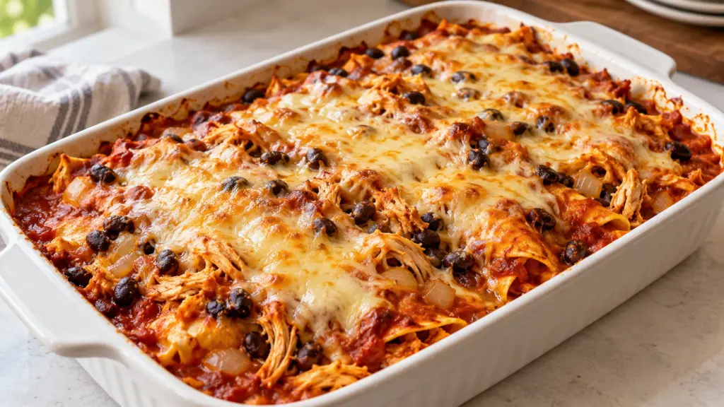 chicken enchilada casserole in its serving dish