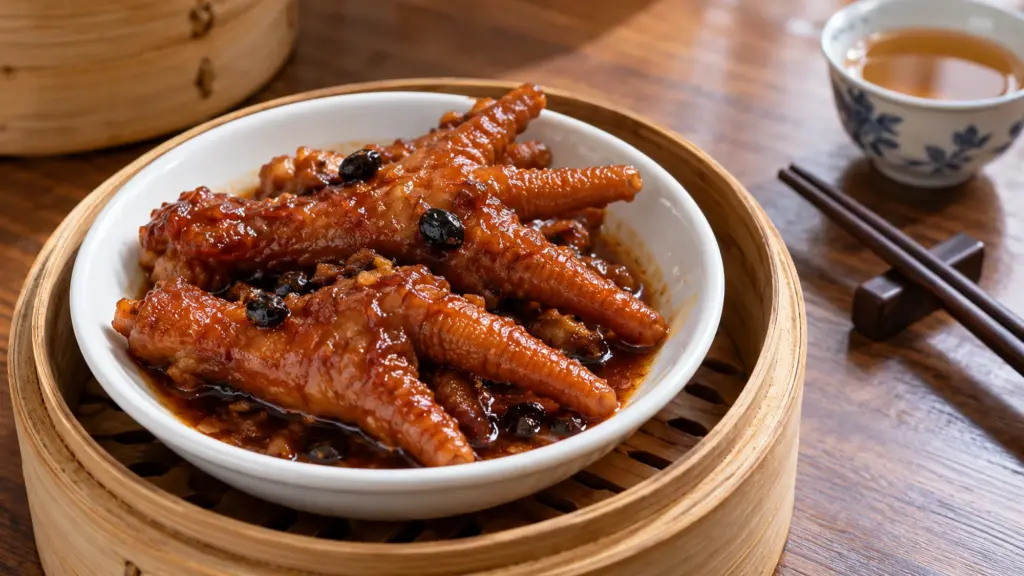 Cooked chicken feet in glossy sauce with black beans in a white dim sum bowl