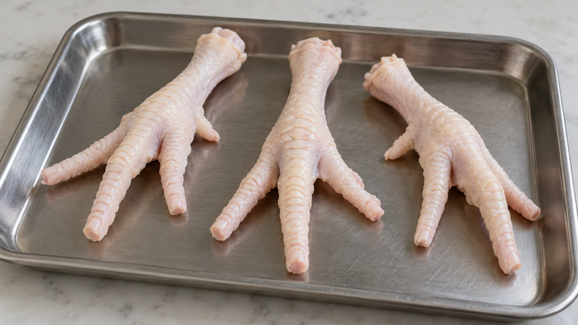 Three prepared raw chicken feet with trimmed nails on a rimmed stainless steel tray