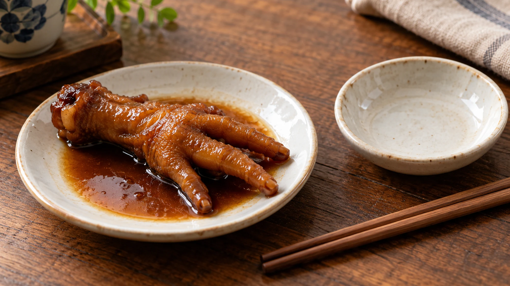 One braised chicken foot on a plate beside chopsticks and a small empty bone dish