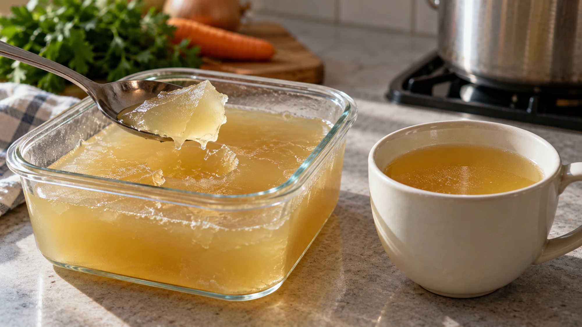 Chilled golden poultry stock holding a soft gel beside a cup of liquid stock