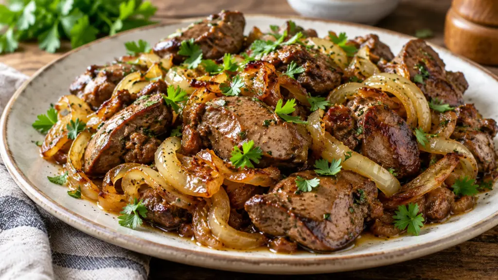 Chicken liver with browned onions and parsley on a ceramic plate