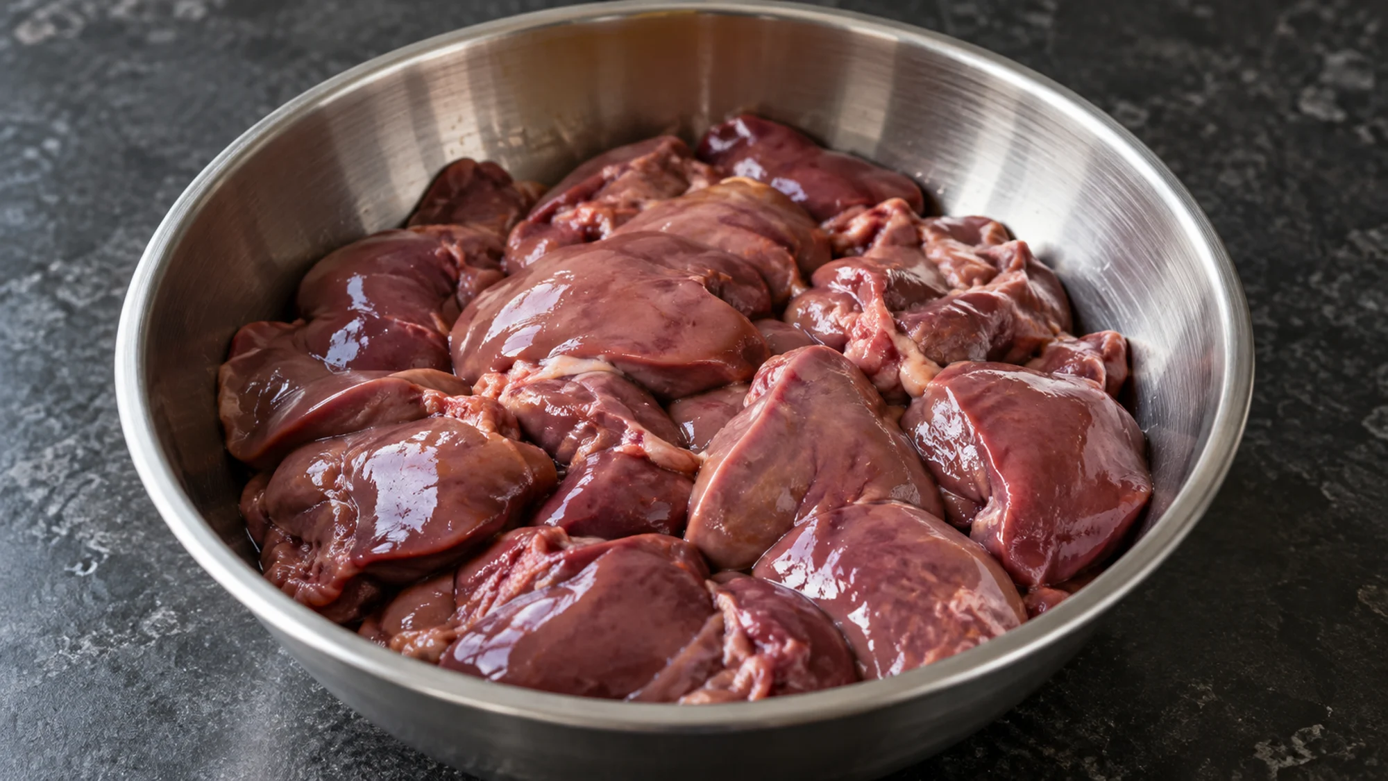 Raw chicken liver in a stainless steel preparation bowl
