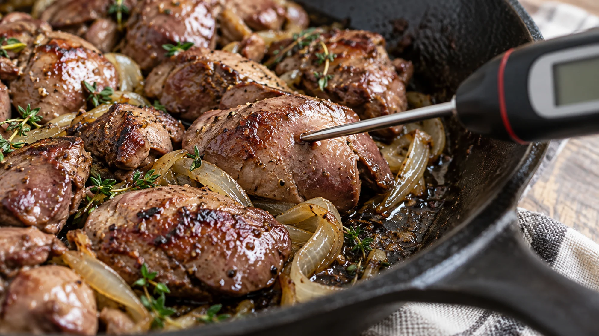Food thermometer inserted into chicken liver in a skillet