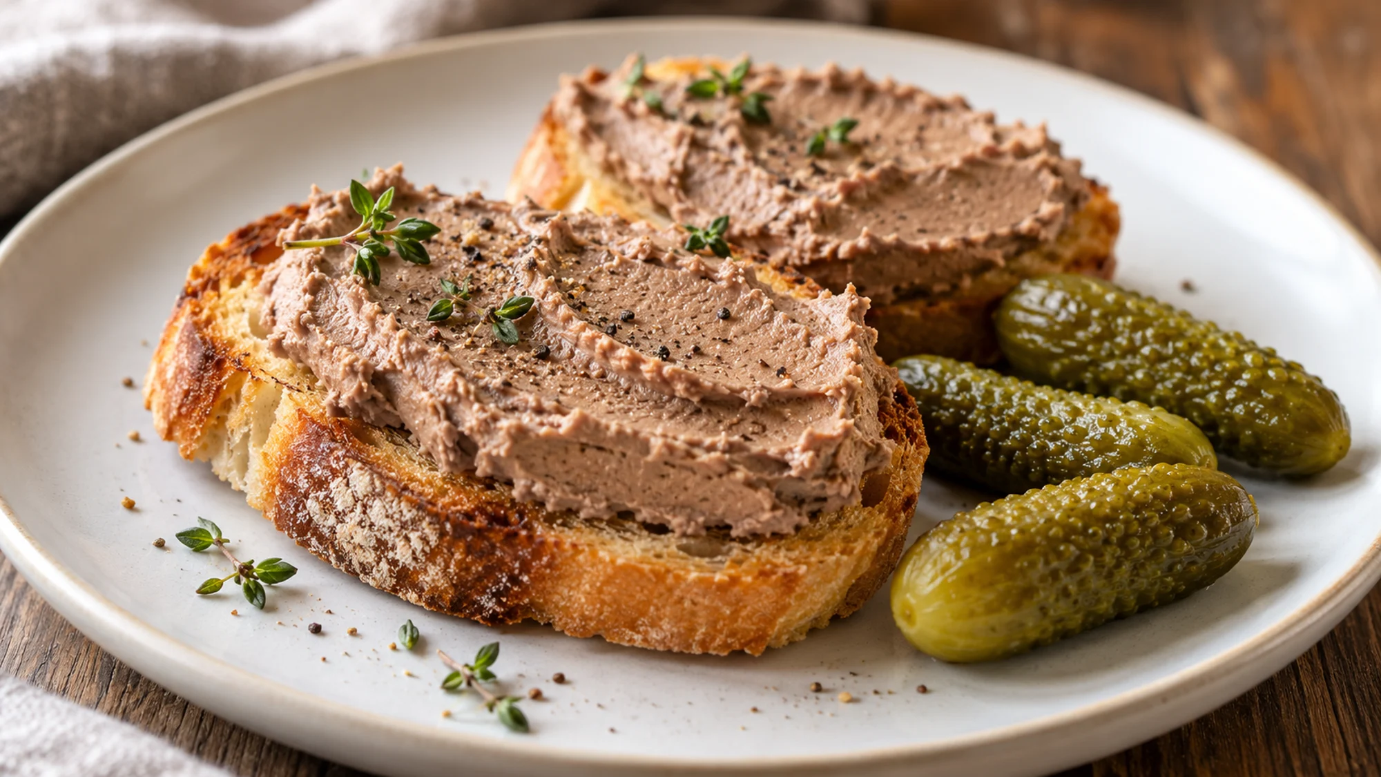 Chicken liver pâté on toast with cornichons