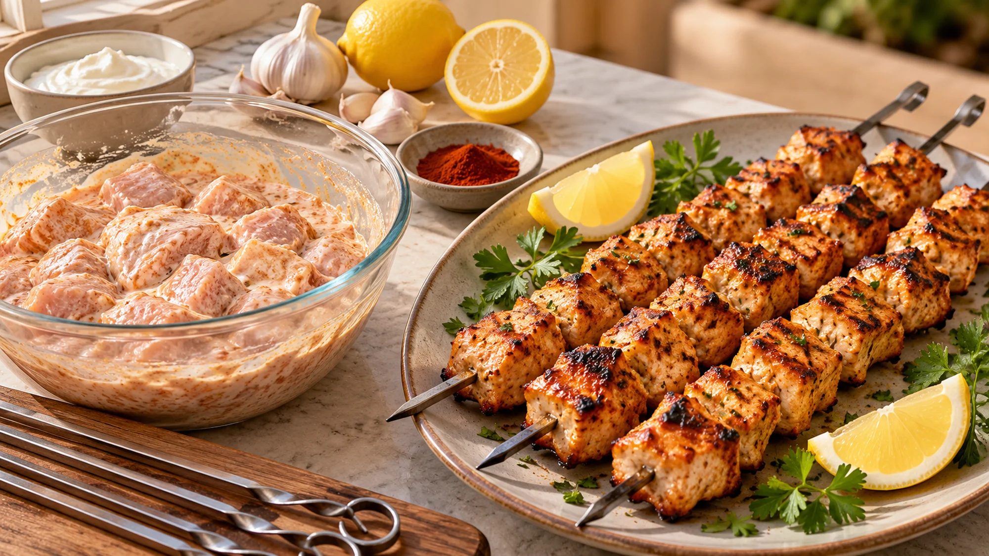 Chicken shish recipe preparation with yogurt-marinated chicken and cooked skewers