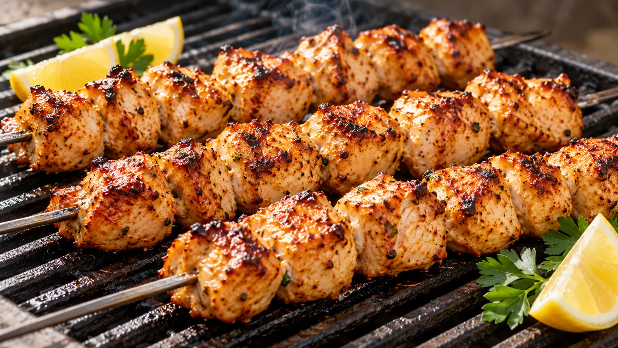 Chicken shish recipe skewers browning on a grill