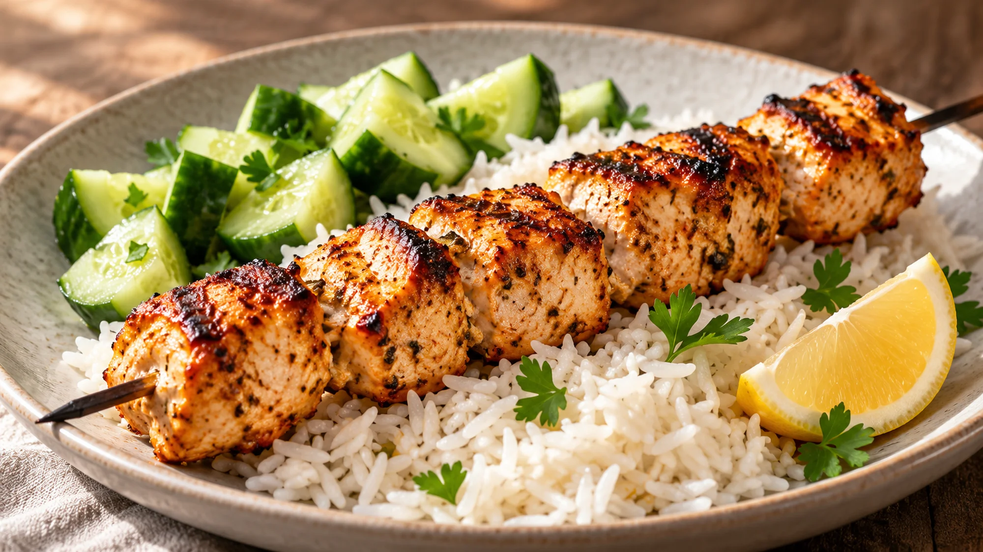 Chicken shish recipe served with rice and cucumber