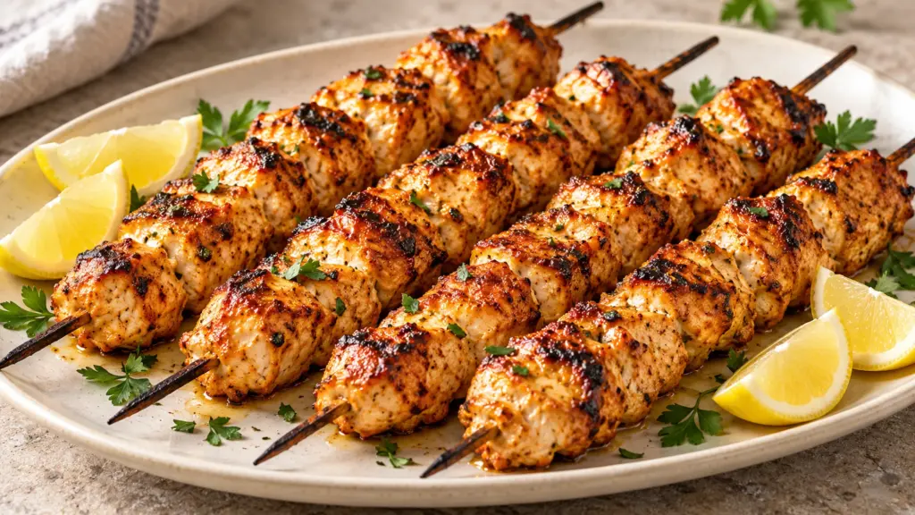 Chicken shish recipe with golden grilled chicken skewers and lemon