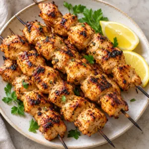 Chicken shish recipe in a square overhead view of the grilled skewers